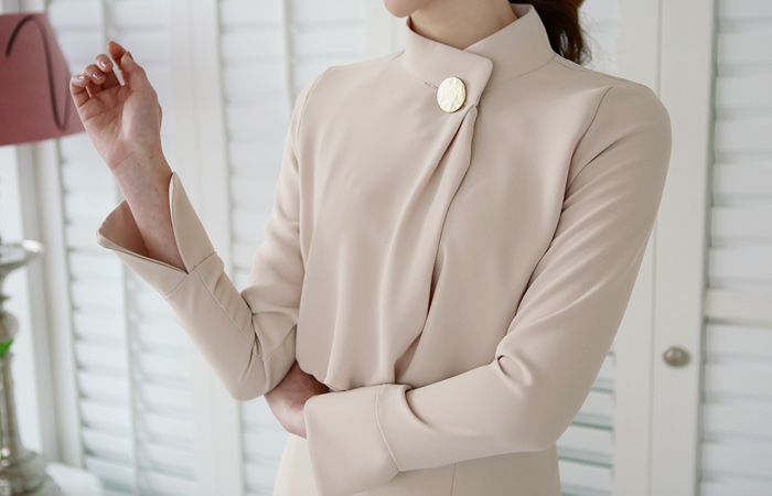 Button Neck Ruched high volume adjuster Dress (fall)