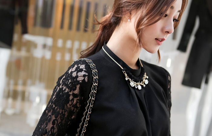 Brushed Neck Ruched Lace Blouse