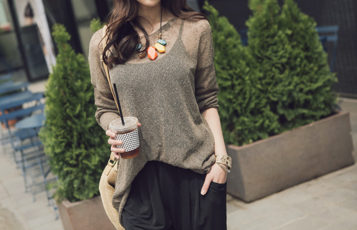 V-neck See-through look Knit Popcorn