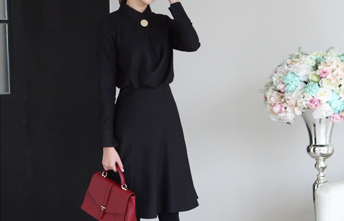 Button Volume Neck Ruched Dress High Admiral