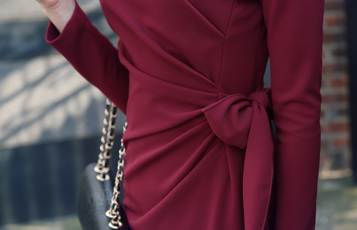Ruched wrap bowknot Dress (long sleeve)