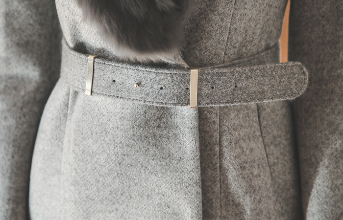 Real Rabbit fur wool coat Slim Stick belt