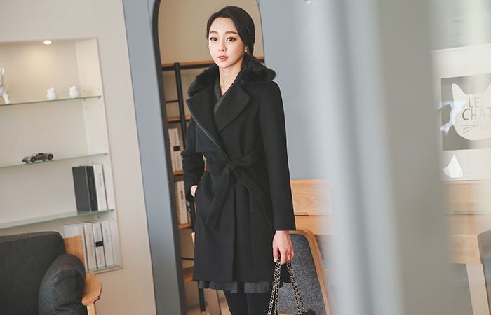 Dual color fur boa Wool Trench Coat