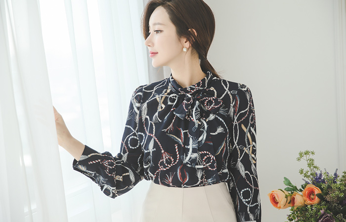 Rope printing rolnek Blouse (removable ribbon)