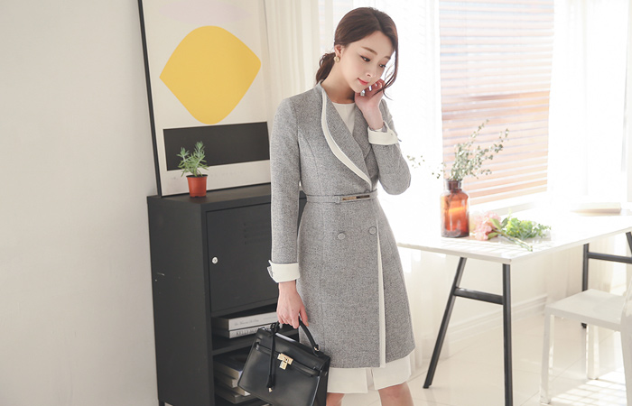 Double collar color combination Slim Long Jacket