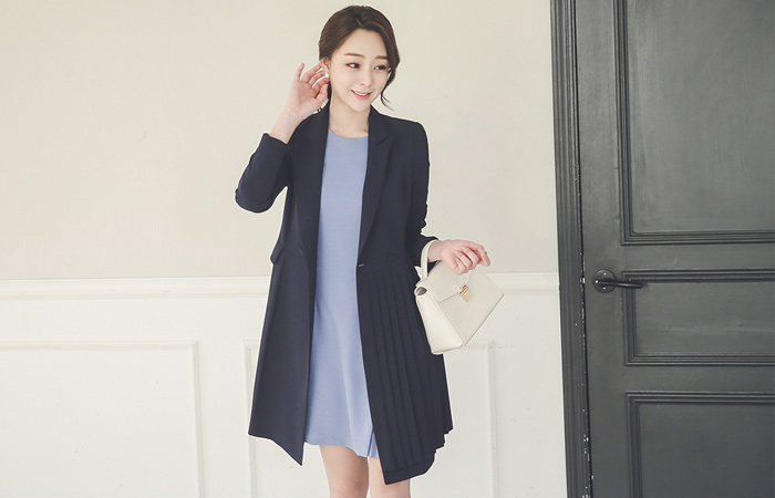 Ribbon belt Side Pleats Long Jacket