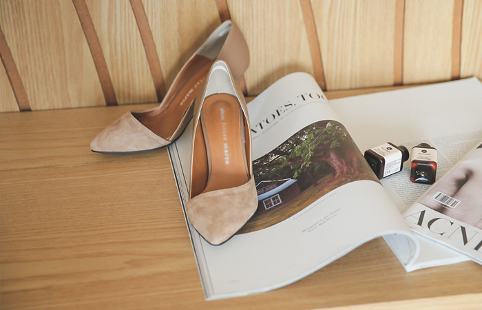 [Models wear30 tea] Cowhide combination Suede pumps Hill