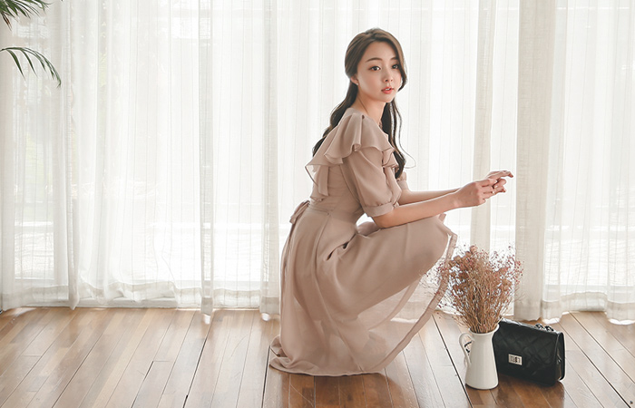 Yoru Chiffon Ruffle Shoulder Dress