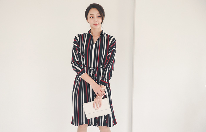 Stripe Half Open Shirt Dress