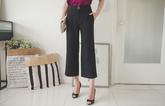 Stripe Ring Zipper Wide Pants