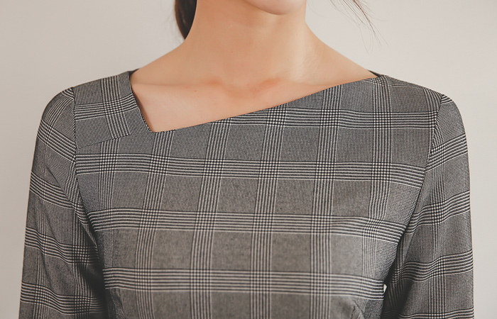 Glen Check Square Neck Drape Dress