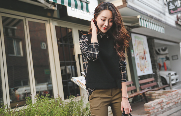 Knit layered Plate Check Blouse