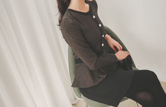 Pearl button herringbone bokashi peplum dress