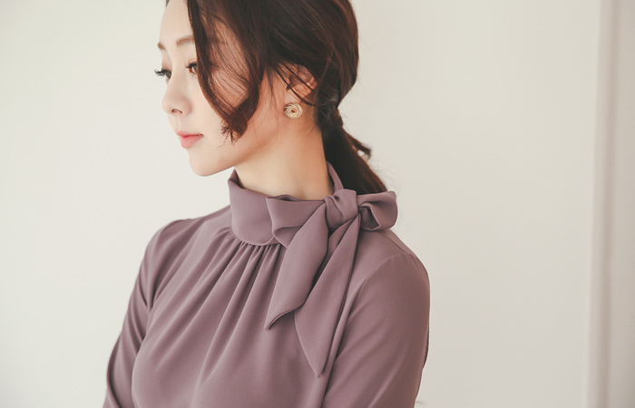 Shirring rolled scarf bowknot Blouse