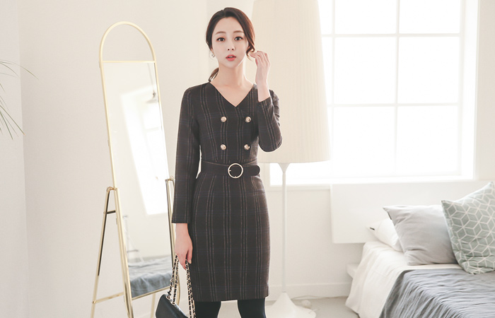 Herringbone Check Gold Button Dress