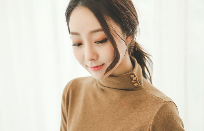 Side Button Funnel Neck Long Knit Top