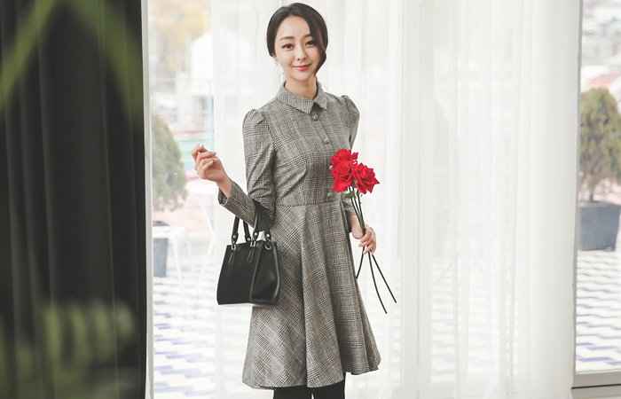 Glen check wool shirt Flare Dress