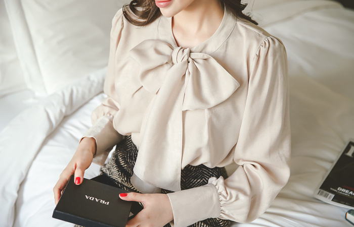 Big Ribbon Scarf Silky Blouse