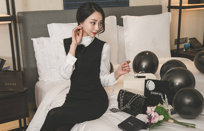 Real mink brooch wool wool black dress