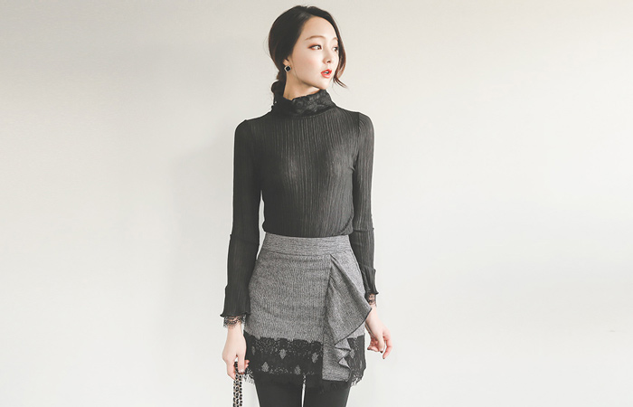 Race & ruffle pin check Skirt (pants lining)