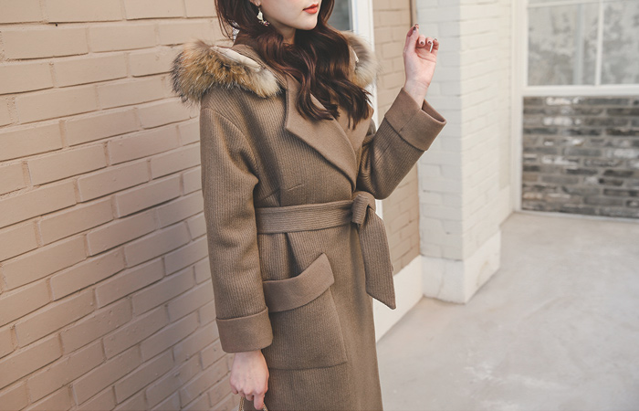 Raccoon fur hood quilting Wool knit Coat