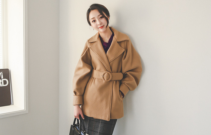 Balloon Sleeve Belted Wool Half Coat