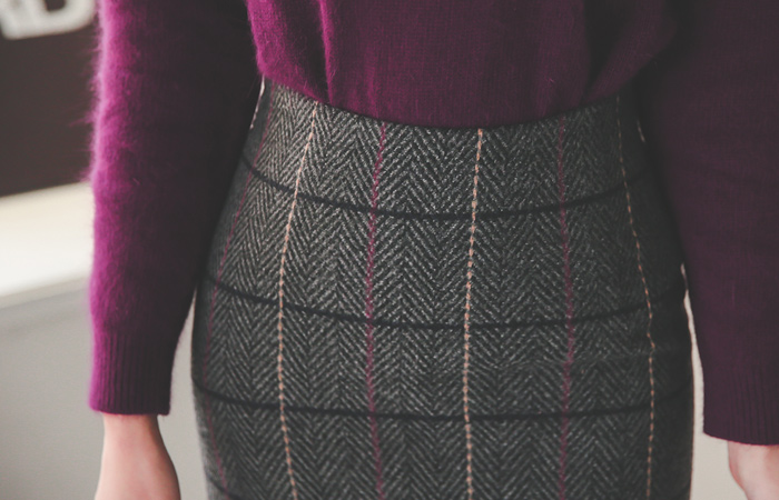 Herringbone Plate Check Wool Skirt