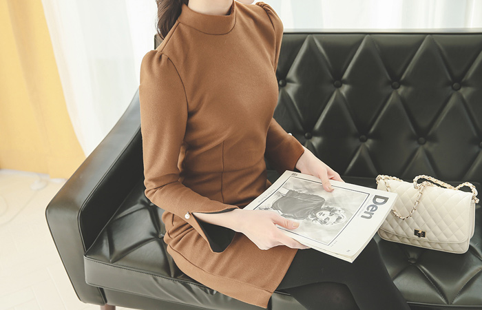 Slit Cuff Half Neck Cowl Dress