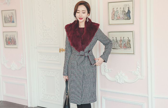 Real Rabbit Fur Belted Slim Wool Court