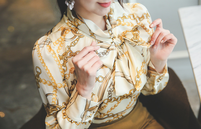 Satin Blouse with Gold Chain Scarf Neck