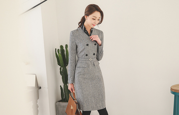 Herringbone Double-button Dress