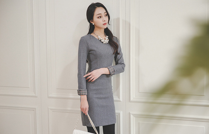 Glen check color sleeves Slim Dress