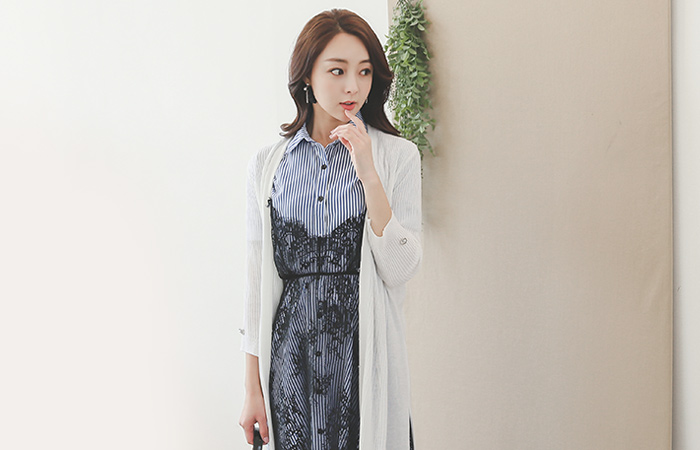 Ring pearl cuff slit Long cardigan