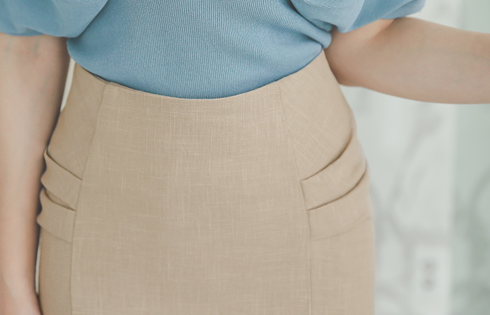 Side Shirring Slit Linen Skirt