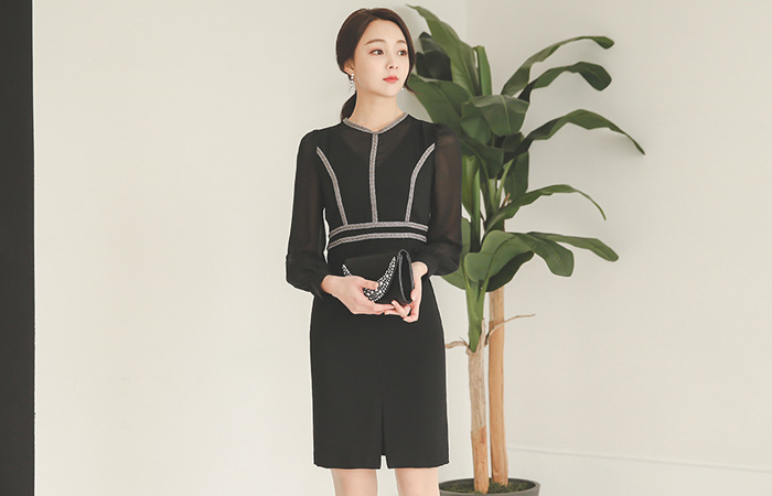 Metallic bias See-through look Dress