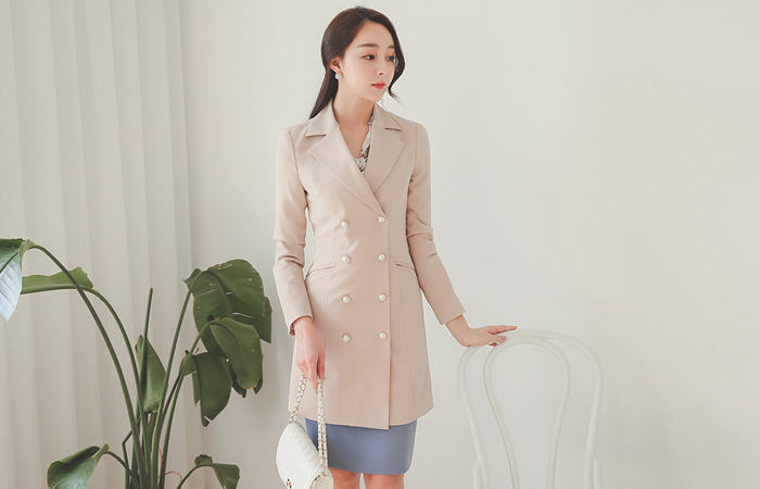 Olivia Double Pearl Slim Long Jacket