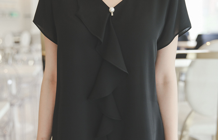 V-neck Pearl Ruffle Blouse