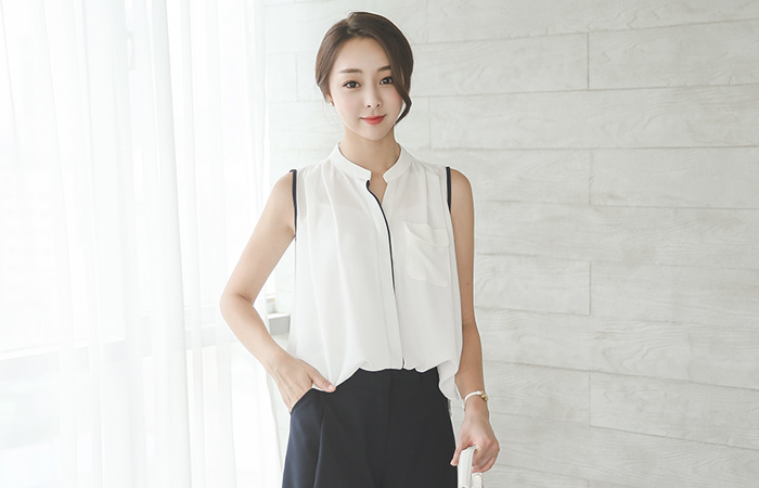 Pocket China Color Line Blouse