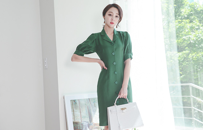 Modern Button Puff Linen Dress