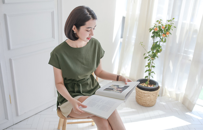 Linen cap sleeve Belt long blouse