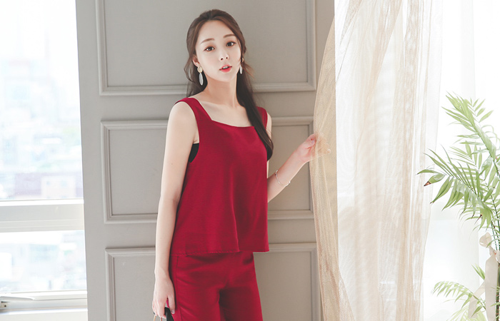 Linen Square Neck Sleeveless&Pants SET