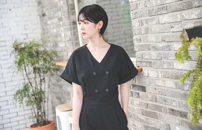 Linen Double-button jump suit