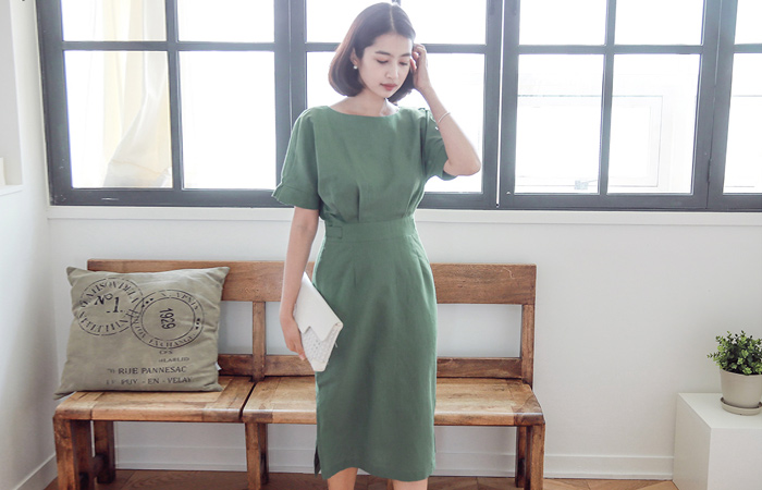 Darts Pin Rib Ribbon Linen Dress