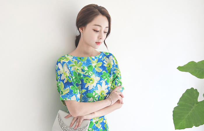 Lime Flower Linen Slim Dress