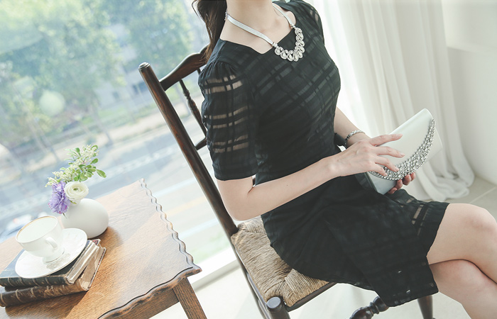 See-through look Plated Square Neck Dress