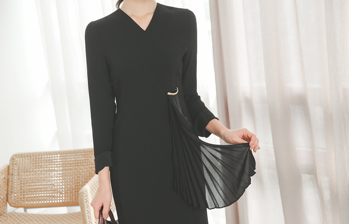 Antique Pleated Double V Neck Dress