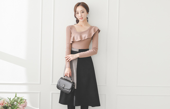 Suede Block Color Image Flare Skirt
