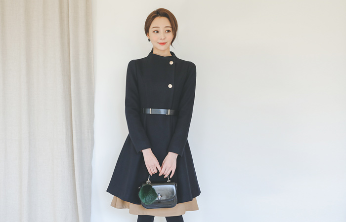 Funnel Neck Gold Button Flare Long coat II