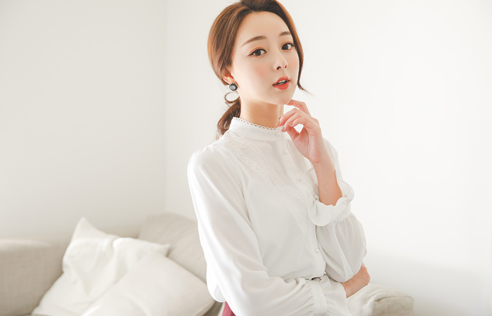 Embroidery Lace Pearl Button Satin Blouse