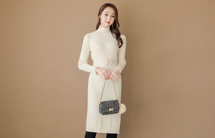 Belted Slit Paula Knit Dress